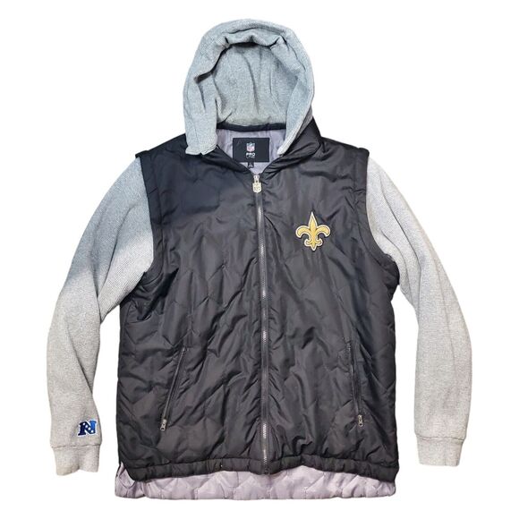 NEW ORLEANS SAINTS Jacket Adult Large Black Gray Hooded Spell Out NFL PRO LINE - Picture 1 of 7